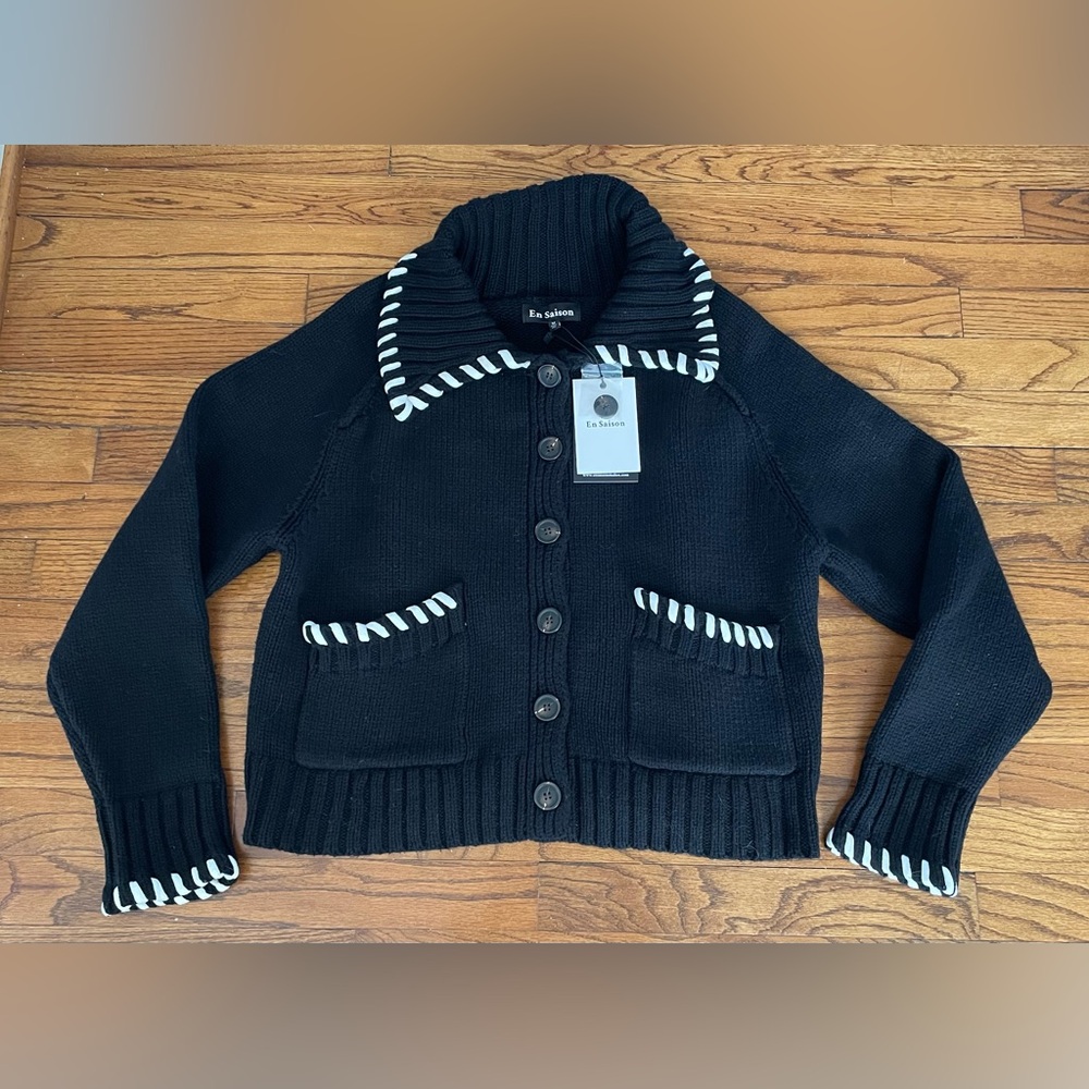 En Saison Piper Whipstitch Black & White Cardigan Sweater Women’s Medium NEW - Picture 13 of 14